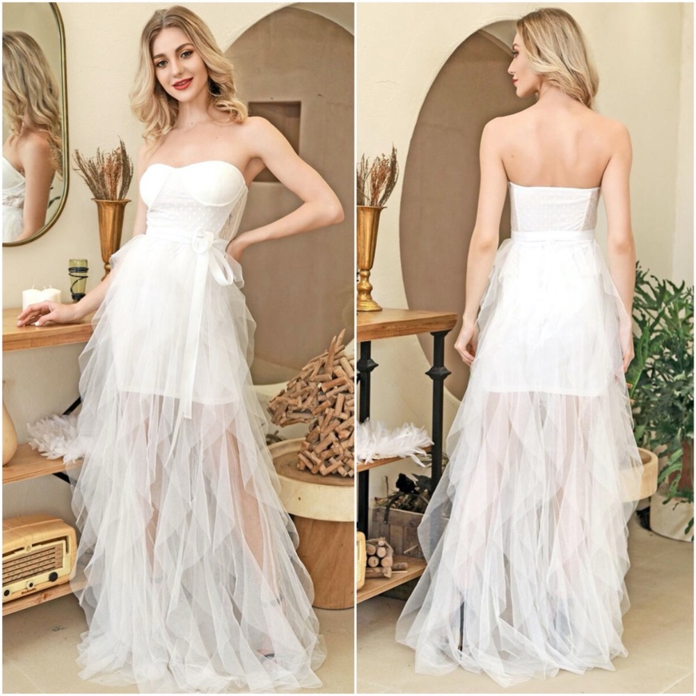 White belted boho mesh ruffle maxi dress wedding - Picture 1 of 3